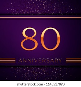 Realistic Eighty Years Anniversary Celebration design banner. Golden number and confetti on purple background. Colorful Vector template elements for your birthday party