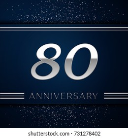 Realistic Eighty Years Anniversary Celebration Logotype. Silver numbers and silver confetti on blue background. Colorful Vector template elements for your birthday party