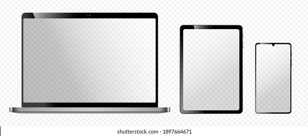 realistic electonic device mockups, shiny laptop, tablet computer and smartphone vector illustration