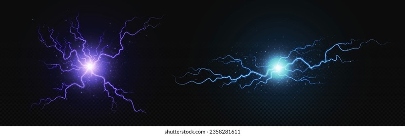 Realistic electric ball with lightning - circle bolt explosion effect. Blue and purple energy flash or thunder storm light. Vector illustration set of electricity power plasma with flare and flame.