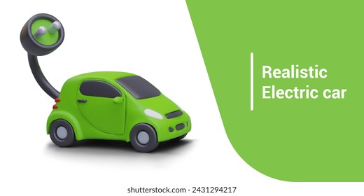 Realistic electric car, side view. Green machine with cable and electric plug