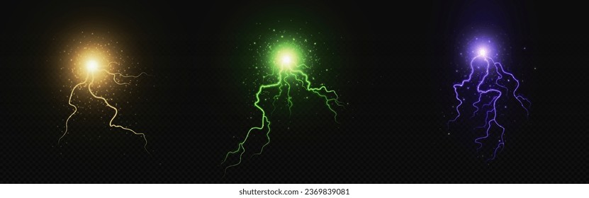 Realistic electric circle bolt lightning explosion. Magic thunder power effect in green and purple color. Pain shock fantasy 3d discharge element. Neon glowing laser electrical hit burst vector