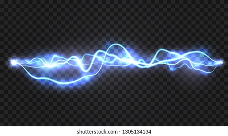 Realistic electric discharge, energy flow or lightning blast isolated on transparent background. Vector illustration.