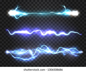 Realistic Electric Discharge, Energy Flow Or Lightning Blast Isolated On Transparent Background. Vector Illustration.