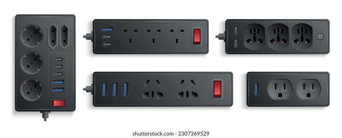 Cable de extensión eléctrico realista con puertos usb y conmutadores de encendido y apagado negro aislado en la ilustración vectorial de fondo blanco