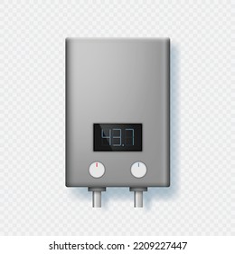 Realistic electric or gas water heater and boiler. Air climate equipment mockup. Modern home appliance. Automatic smart heating system for house. Vector illustration