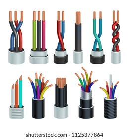 Realistic electric industrial cables, electrical copper wires vector set isolated. Wire copper, cable electricity line illustration