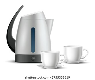Realistic electric kettle and two white porcelain tea cups insulated on white background. Metal teapot. Drink brew. Household appliance. Kitchen equipment. Ceramic mugs. Vector isolated 3D objects