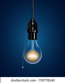 A realistic electric light bulb hanging from the ceiling. An Ebonite lamp holder with a chain switch. Vector illustration.