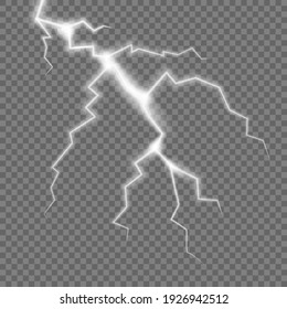 Realistic electric lightning, abstract thunderstorm. Lightning shock isolated on transparent background. Vector illustration. Eps 10.