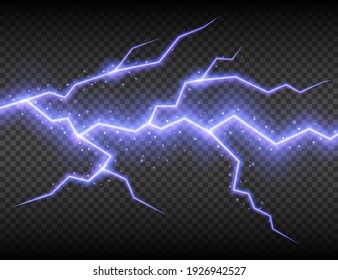 Realistic electric lightning, abstract thunderstorm. Lightning shock isolated on transparent background. Vector illustration. Eps 10.