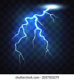 Realistic electric lightning with glow effect. Thunderstorm and lightning isolated on transparent background. Bright lighting effects.  Natural phenomena.  Vector.