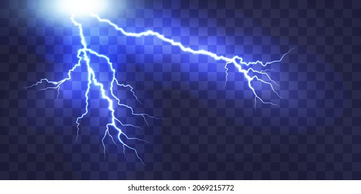 Realistic electric lightning with glow effect. Thunderstorm and lightning isolated on transparent background. Bright lighting effects.  Natural phenomena.  Vector.