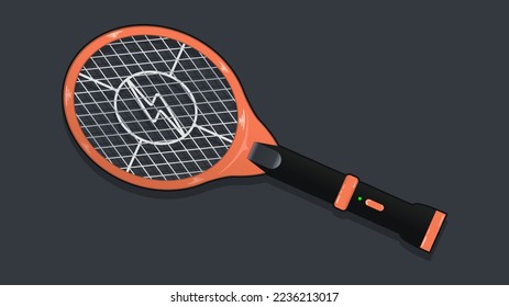 Realistic electric mosquito swatter with torch light, vector illustration in trendy style, isolated on matching cool background. Editable vector for many purposes. 3D Orange Mosquito electric racket.