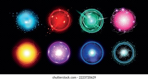 Realistic electric plasma sphere transparent set with isolated colorful circles of energy visualization on black background vector illustration