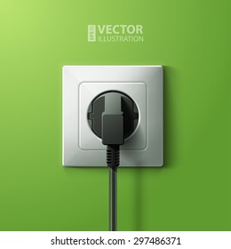 Realistic electric plastic white socket and black plug with transparent shadow on green wall background. RGB EPS 10 vector illustration