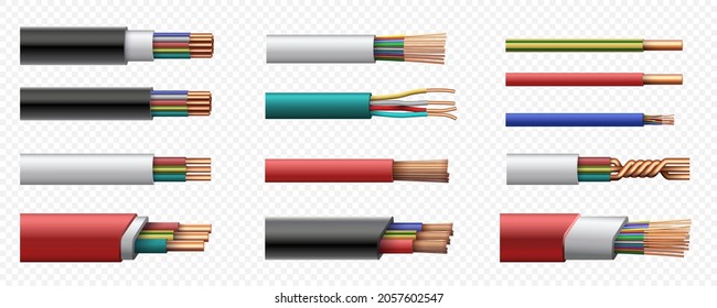 Realistic electric power coaxial cables with copper wire. 3d intertwined cable with plastic safety jacket. Conductor connection vector set. Flexible equipment of different amperage