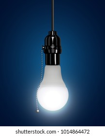 A realistic electric 
powersave lamp  hanging from the ceiling. An Ebonite lamp holder with a chain switch. Vector illustration.