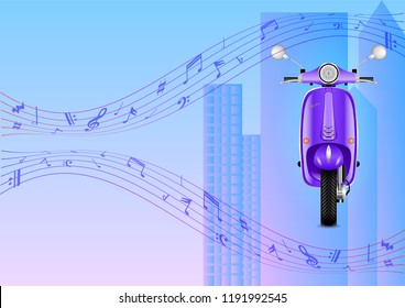 realistic electric scooter against the city, skyscrapers and musical notes. Vector Illustration