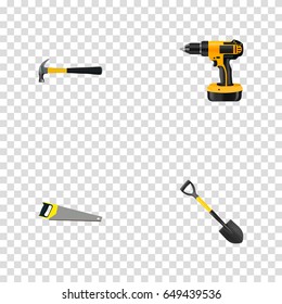 Realistic Electric Screwdriver, Claw, Spade And Other Vector Elements. Set Of Tools Realistic Symbols Also Includes Hacksaw, Shovel, Drill Objects.