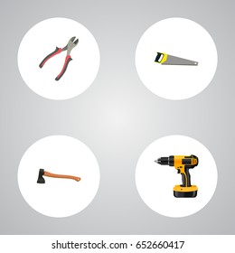 Realistic Electric Screwdriver, Hacksaw, Forceps And Other Vector Elements. 