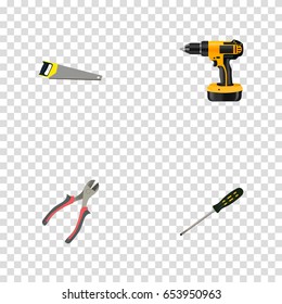 Realistic Electric Screwdriver, Hacksaw, Forceps And Other Vector Elements. Set Of Tools Realistic Symbols Also Includes Electric Screwdriver, Carpenter, Tool Objects.