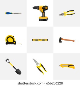 Realistic Electric Screwdriver, Hatchet, Plumb Ruler And Other Vector Elements. Set Of Tools Realistic Symbols Also Includes Tool, Electric, Cutter Objects.