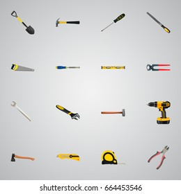 Realistic Electric Screwdriver, Plumb Ruler, Spade And Other Vector Elements. Set Of Instruments Realistic Symbols Also Includes Sledgehammer, Sledge, Spanner Objects.