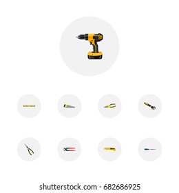 Realistic Electric Screwdriver, Plumb Ruler, Nippers And Other Vector Elements. Set Of Instruments Realistic Symbols Also Includes Drill, Wrench, Tool Objects.