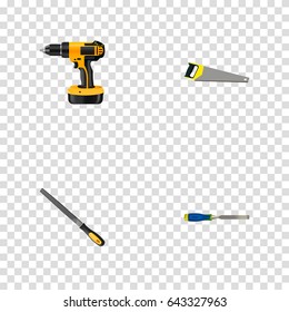 Realistic Electric Screwdriver, Sharpener, Carpenter And Other Vector Elements. Set Of Tools Realistic Symbols Also Includes Appliance, Tool, Carpenter Objects.