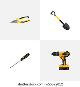 Realistic Electric Screwdriver, Spade, Carpenter And Other Vector Elements. Set Of Instruments Realistic Symbols Also Includes Tool, Electric, Tongs Objects.