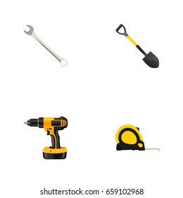 Realistic Electric Screwdriver, Spade, Length Roulette And Other Vector Elements. Set Of Instruments Realistic Symbols Also Includes Wrench, Key, Instrument Objects.