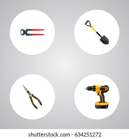Realistic Electric Screwdriver, Spade, Tongs And Other Vector Elements. Set Of Construction Realistic Symbols Also Includes Noise, Spade, Instrument Objects.