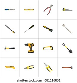 Realistic Electric Screwdriver, Spanner, Handle Hit Vector Elements. Set Of Instruments Realistic Symbols Also Includes Sledgehammer, Spade, Tongs Objects.