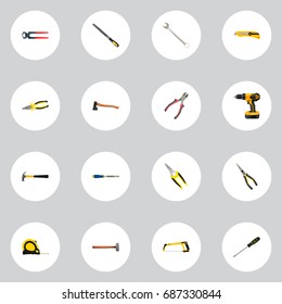 Realistic Electric Screwdriver, Stationery Knife, Length Roulette And Other Vector Elements. Set Of Instruments Realistic Symbols Also Includes Scissors, Clippers, Hammer Objects.