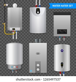 Realistic electric water heater boiler transparent icon set with isolated elements on transparent background vector illustration