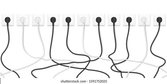 Realistic electric white socket with connected white and black plugs. Seamless vector tangled wires background