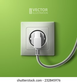 Realistic electric white socket and plug on green wall background. RGB EPS 10 vector illustration