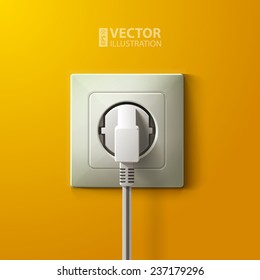 Realistic electric white socket and plug on yellow wall background. RGB EPS 10 vector illustration