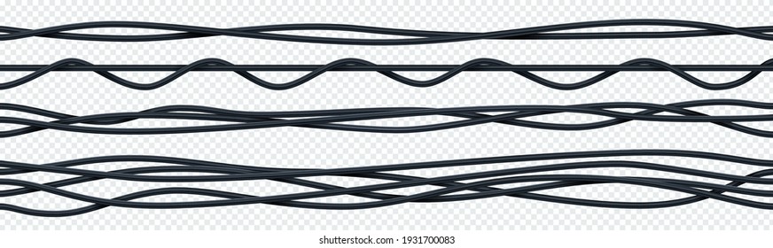 Realistic electrical cable. 3D seamless flexible insulated electric copper wires. Curved bunch of black ropes. Intertwined wiring on transparent background. Vector industrial electricity equipment set