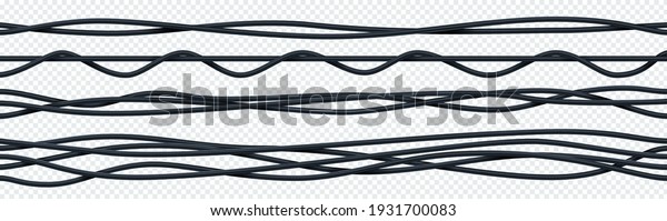 Realistic electrical cable. 3D seamless flexible\
insulated electric copper wires. Curved bunch of black ropes.\
Intertwined wiring on transparent background. Vector industrial\
electricity equipment\
set
