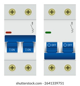 Realistic electrical circuit breaker switches. Vector illustration of two double pole circuit breaker switches in On and Off positions