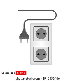 Plumas y sockets eléctricos realistas en diseño minimalista sobre fondo blanco. Banner de tema eléctrico. Ilustración vectorial.