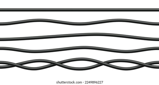 Realistic electrical wires. Cable power energy. Flexible thick network cord. Black electric computer connection wires. Seamless line cable. Vector illustration on white background.