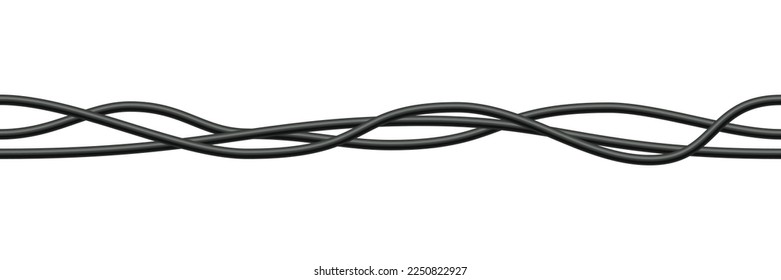 Realistic electrical wires. Cable power energy. Flexible thick network cord. Black electric computer connection wires. Seamless line cable. Vector illustration on white background.