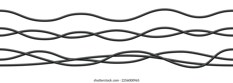 Realistic electrical wires. Cable power energy. Flexible thick network cord. Black electric computer connection wires. Seamless line cable. Vector illustration on white background.