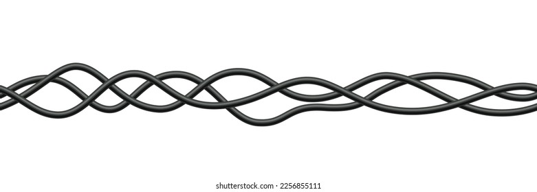 Realistic electrical wires. Cable power energy. Flexible thick network cord. Black electric computer connection wires. Seamless line cable. Vector illustration on white background.