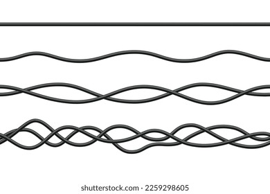 Realistic electrical wires. Cable power energy. Flexible thick network cord. Black electric computer connection wires. Seamless line cable. Vector illustration on white background.