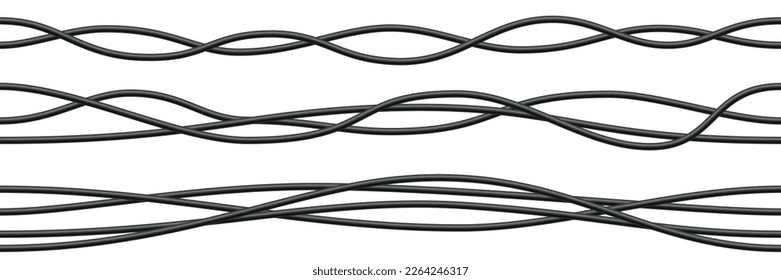 Realistic electrical wires. Cable power energy. Flexible thick network cord. Black electric computer connection wires. Seamless line cable. Vector illustration on white background.