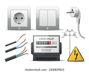 Realistic electricity. 3d power line, socket, switch, energy meter, modern technology, cable with colored wires, isolated elements, high voltage sign, utter vector electrical equipment set